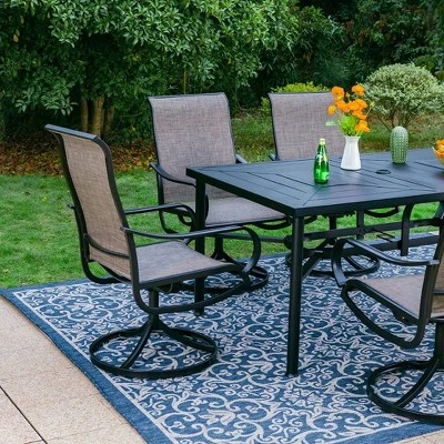 7pc Outdoor Dining Set With Swivel Sling Chairs & Large Metal Rectangle Table With Umbrella Hole - Gray - Captiva Designs - Image 9