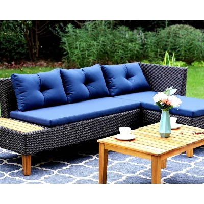 3pc Outdoor Acacia Wood Conversation Set With Sectional Sofa & Cushions - Captiva Designs - Image 5