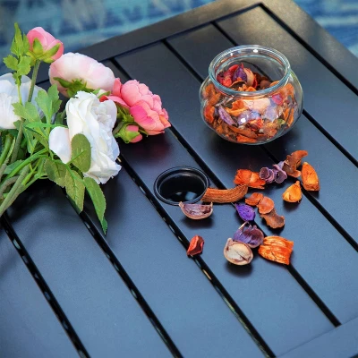 3pc Patio Dining Set With 22" Square Metal Table With Umbrella Hole & 2 Rattan Chairs - Black - Captiva Designs - Image 2