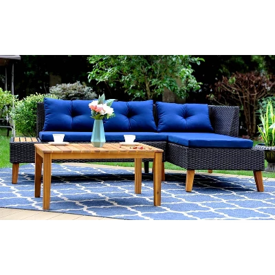 3pc Outdoor Acacia Wood Conversation Set With Sectional Sofa & Cushions - Captiva Designs - Image 4