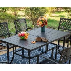 7pc Patio Dining Set With Rectangle Table With 2.6" Umbrella Hole & Steel Arm Chairs - Black - Captiva Designs
