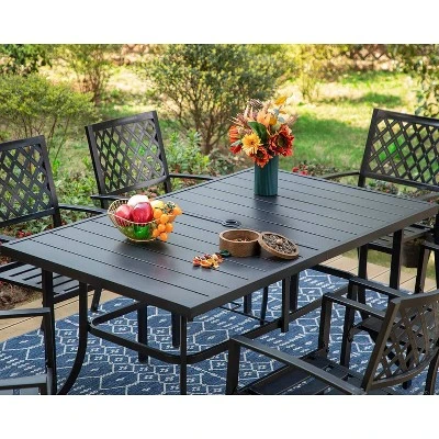 7pc Patio Dining Set With Rectangle Table With 2.6" Umbrella Hole & Steel Arm Chairs - Black - Captiva Designs