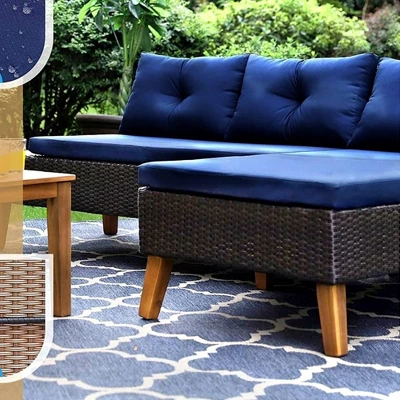 3pc Outdoor Acacia Wood Conversation Set With Sectional Sofa & Cushions - Captiva Designs - Image 6