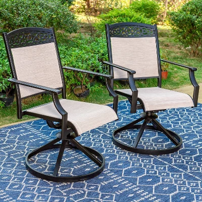 7pc Outdoor Dining Set With Swivel Sling Chairs & Large Metal Rectangle Table With Umbrella Hole - Captiva Designs