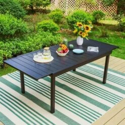 Captiva Designs 9pc Steel Outdoor Patio Dining Set With Rattan Arm Chairs & Rectangle Extendable Table