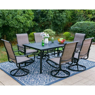 7pc Outdoor Dining Set With Padded Swivel Chairs & Metal Rectangle Table With Umbrella Hole - Gray - Captiva Hole