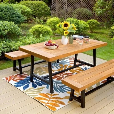 3pc Acacia Patio Dining Set With 2 Benches - Teak - Captiva Designs - Image 3