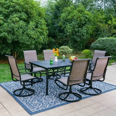 7pc Outdoor Dining Set With Swivel Sling Chairs & Large Metal Rectangle Table With Umbrella Hole - Gray - Captiva Designs - Image 13