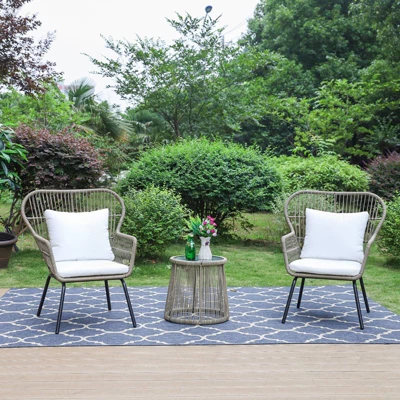 3pc Outdoor Rattan Conversation Set With Cushions - Captiva Designs - Image 9