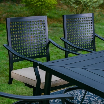 7pc Outdoor Dining Set With Steel Swivel Chairs & Large Rectangle Metal Table With Umbrella Hole - Black - Captiva Designs - Image 3