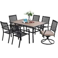 7pc Metal Patio Dining Set With Rectangular Umbrella Table & 6 Swivel Chairs - Captiva Designs
