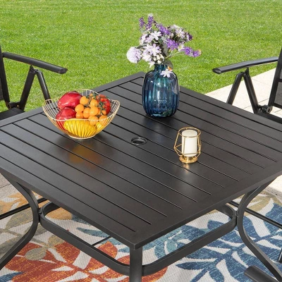 5pc Patio Dining Set With Square Metal Table With Umbrella Hole And Foldable Sling Chairs - Captiva Designs - Image 8