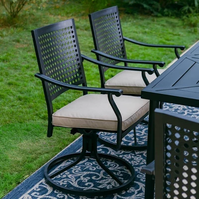 7pc Outdoor Dining Set With Steel Swivel Chairs & Large Rectangle Metal Table With Umbrella Hole - Black - Captiva Designs - Image 2