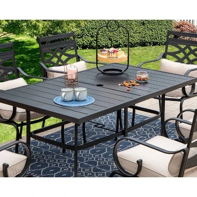 7pc Outdoor Dining Set With Chairs With Cushions & Large Metal Table With Umbrella Hole - Captiva Designs - Image 7