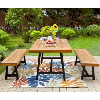 3pc Acacia Patio Dining Set With 2 Benches - Teak - Captiva Designs - Image 2