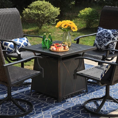 5pc Patio Dining Set With Square Steel Fire Pit With Faux Wood Tabletop & Rattan 360 Swivel Chairs - Captiva Designs - Image 9