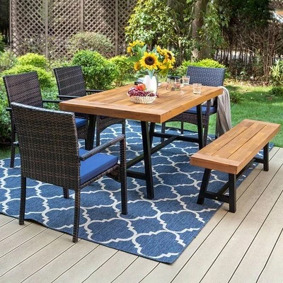 6pc Patio Dining Set With Acacia Wood Table & Bench And 4 PE Rattan Chairs - Captiva Designs - Image 10