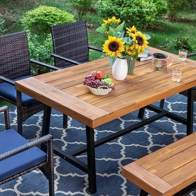 6pc Patio Dining Set With Acacia Wood Table & Bench And 4 PE Rattan Chairs - Captiva Designs