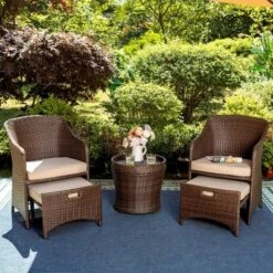 5pc Rattan Conversation Set With Chairs, Ottomans & Storage Side Table - Captiva Designs
