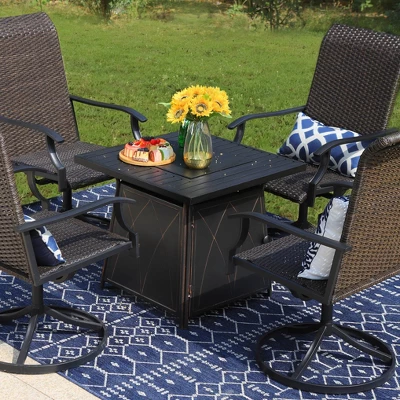 5pc Patio Dining Set With Square Steel Fire Pit With Faux Wood Tabletop & Rattan 360 Swivel Chairs - Captiva Designs - Image 2