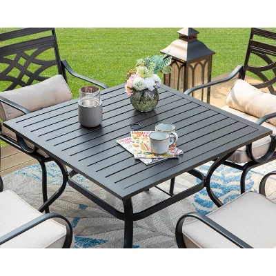 5pc Outdoor Dining Set With Seat & Back Cushions & Square Metal Table With Umbrella Hole - Captiva Designs - Image 6