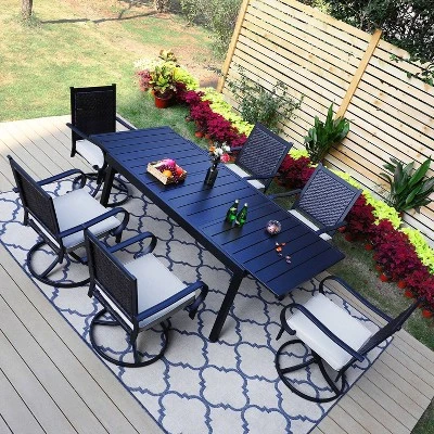 7pc Patio Dining Set With 360 Swivel Chairs With Cushions And Rectangle Concertina Steel Table - Captiva Designs
