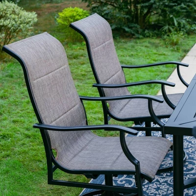 7pc Outdoor Dining Set With With Padded Sling Chairs & Metal Rectangle Table With Umbrella Hole - Captiva Designs - Image 6