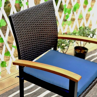 7pc Outdoor Dining Set With Rattan Stackable Chairs & Rectangle Acacia Wood Table - Captiva Designs - Image 2