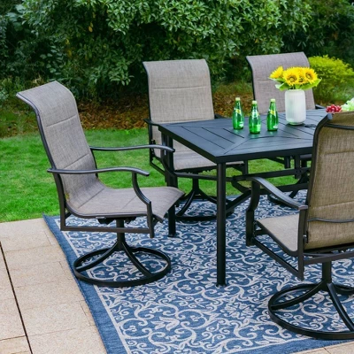 7pc Outdoor Dining Set With With Padded Sling Chairs & Metal Rectangle Table With Umbrella Hole - Captiva Designs - Image 4