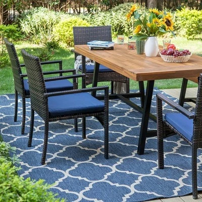 6pc Patio Dining Set With Acacia Wood Table & Bench And 4 PE Rattan Chairs - Captiva Designs - Image 2