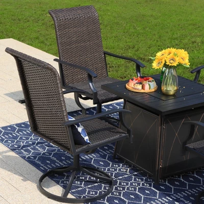5pc Patio Dining Set With Square Steel Fire Pit With Faux Wood Tabletop & Rattan 360 Swivel Chairs - Captiva Designs - Image 3