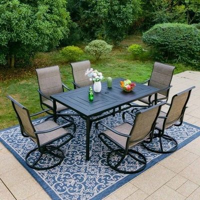 7pc Outdoor Dining Set With Padded Swivel Chairs & Metal Rectangle Table With Umbrella Hole - Gray - Captiva Hole - Image 10