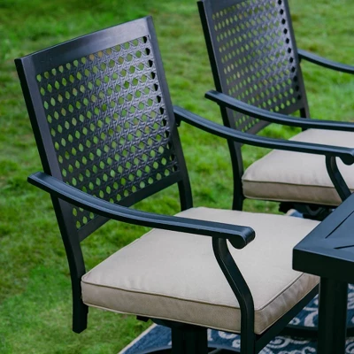 7pc Outdoor Dining Set With Steel Swivel Chairs & Large Rectangle Metal Table With Umbrella Hole - Black - Captiva Designs - Image 4