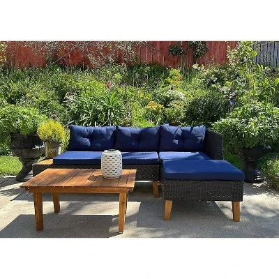 3pc Outdoor Acacia Wood Conversation Set With Sectional Sofa & Cushions - Captiva Designs - Image 3