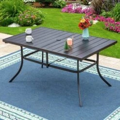 7pc Outdoor Dining Set With Sling Chairs & Rectangle Metal Table With Umbrella Hole - Black - Captiva Designs