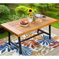 Outdoor Acacia Wood Rectangle Dining Table With Steel Frame - Captiva Designs