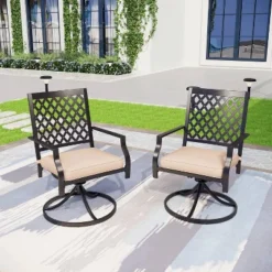 7pc Patio Dining Set With Rectangular Faux Wood Table And Umbrella Hole & Swivel Chairs With Removable Cushions - Captiva Designs