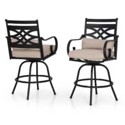 5pc Outdoor Set With Swivel Stools With Cushions & Square Metal Table - Beige - Captiva Designs