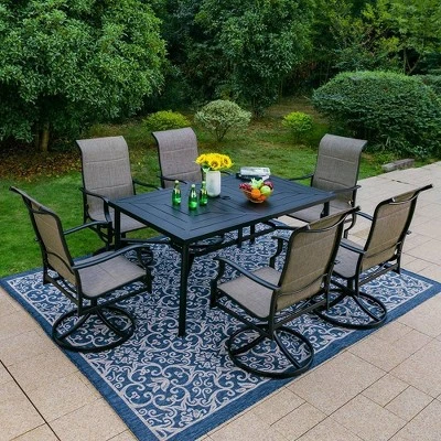 7pc Outdoor Dining Set With With Padded Sling Chairs & Metal Rectangle Table With Umbrella Hole - Captiva Designs