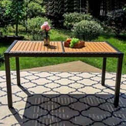 7pc Outdoor Dining Set With Rattan Stackable Chairs & Rectangle Acacia Wood Table - Captiva Designs