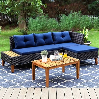 3pc Outdoor Acacia Wood Conversation Set With Sectional Sofa & Cushions - Captiva Designs - Image 2