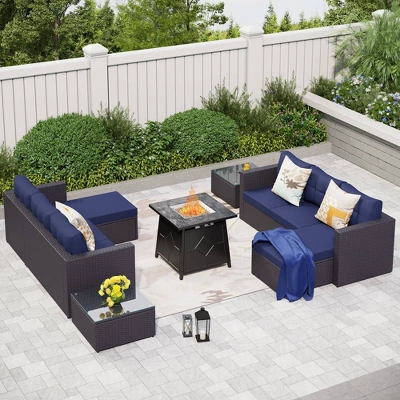 7pc Steel & Wicker Outdoor Set With Cushions & Fire Pit Table - Captiva Designs - Image 19