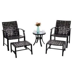 5pc Strap Chairs, Ottomans & Glass Top Side Coffee Table - Captiva Designs