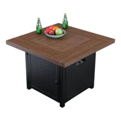 34" Square Outdoor Propane Fire Pit Table With Lid & Fire Glass - Captiva Designs