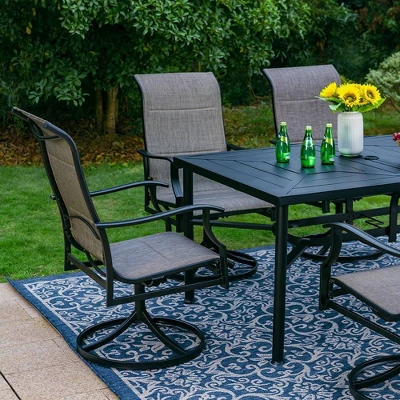 7pc Outdoor Dining Set With With Padded Sling Chairs & Metal Rectangle Table With Umbrella Hole - Captiva Designs - Image 2
