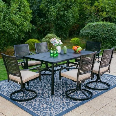 7pc Outdoor Dining Set With Steel Swivel Chairs & Large Rectangle Metal Table With Umbrella Hole - Black - Captiva Designs - Image 10