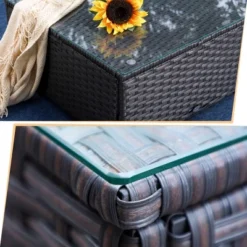 8pc Outdoor Steel & Wicker Conversation Set With Square Coffee Table & Cushions Blue - Captiva Designs