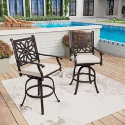 Captiva Designs 3pc Cast Aluminum Outdoor Patio Dining Set With Bar Stools Brown