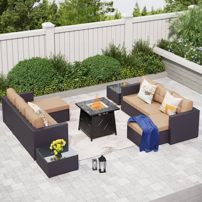 7pc Steel & Wicker Outdoor Set With Cushions & Fire Pit Table - Captiva Designs - Image 18