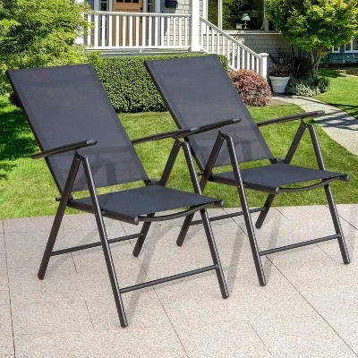 5pc Patio Dining Set With Square Metal Table With Umbrella Hole And Foldable Sling Chairs - Captiva Designs - Image 7